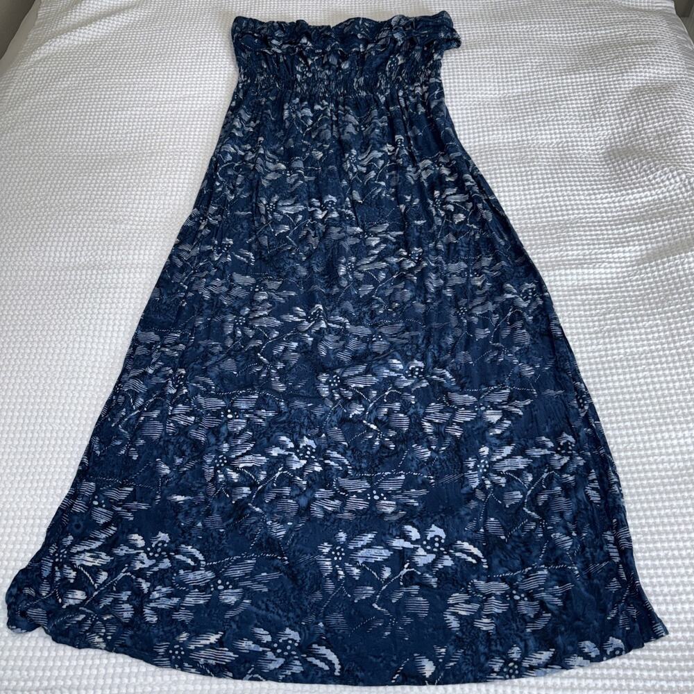 Nomadic Traders Womens XL Blue Tropical Strapless Maxi Dress Ruffle Floral EUC